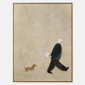Hand-painted minimalist canvas with a walking figure and small dog.