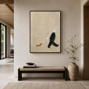 Minimalist figurative wall art displayed in a quiet hotel lobby.