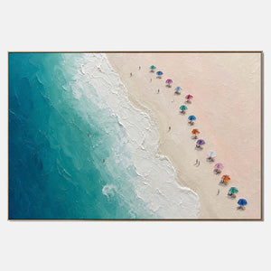 Hand-painted textured coastal wall art with blue, pink & blush, and white tones.