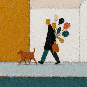 Close-up of the walking figure, colorful bouquet, and small rust dog.