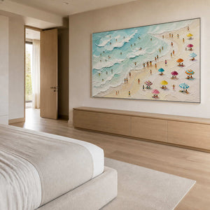 Turquoise shoreline painting displayed in an ivory oak bedroom.