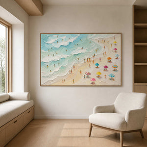 Playful beach wall art displayed in a sea-salt white family room.