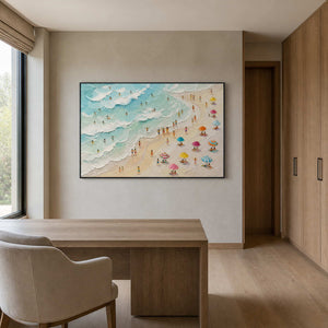 Turquoise beach artwork displayed in a gray-beige white oak office.