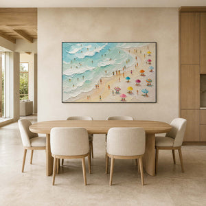 Textured beach artwork displayed in a sandstone white oak dining room.