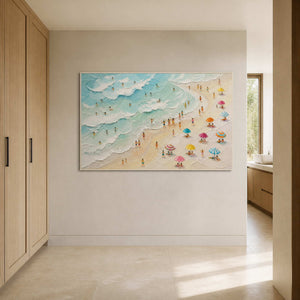 Bright coastal artwork displayed in a pale travertine bathroom area.