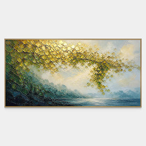 Textured landscape canvas with golden foliage above misty blue water.