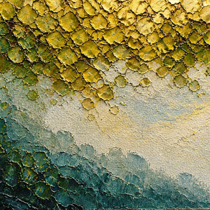 Close-up of raised golden foliage and layered teal palette-knife texture.