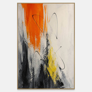 Vertical abstract artwork in orange, black, white, charcoal, and yellow.