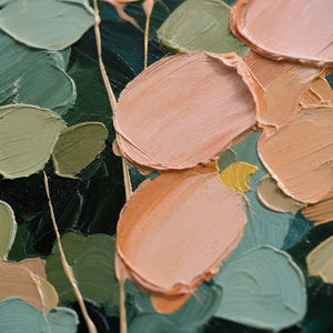 Close-up of raised hand-painted texture in pink & blush, green, and neutral.