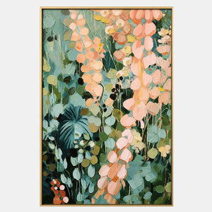 Hand-painted textured botanical wall art with pink & blush, green, and neutral tones.