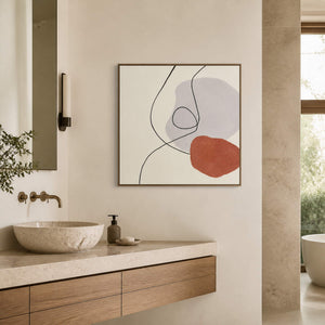 Line-and-shape artwork above a bathroom counter with a round basin.