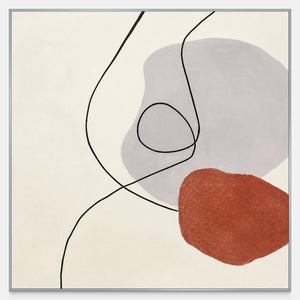 Black looping lines cross gray and terracotta shapes on a cream square background.