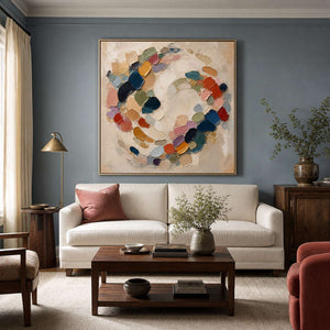 Textured multicolor abstract wall art styled above a refined living room sofa.