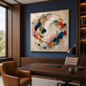 Textured abstract canvas with rich color accents in a dark home office.