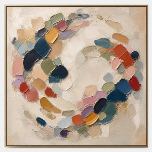 Hand-painted textured abstract canvas with navy, blush, sage, and ochre accents.