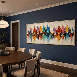 Textured Cityscape Wall Art displayed in a refined dining room.