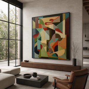 A Colorful Chorus in a black frame above a long wood display bench in a bright gallery lounge.