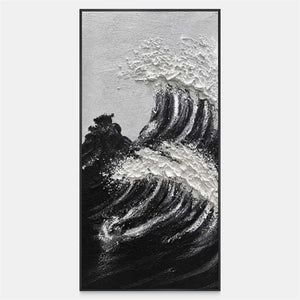 Tall coastal painting with dark rising swells and clustered white foam beneath pale gray space.