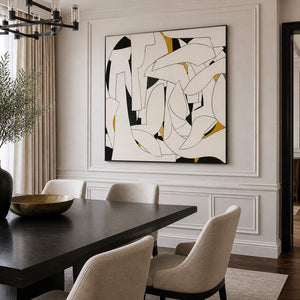 Curving geometric painting beside a dark dining table and cream chairs.