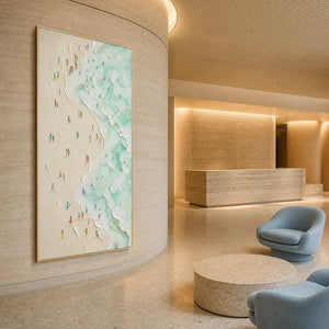 Textured shoreline painting in a sandstone coastal resort lobby.