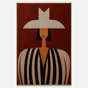 A Figure Held in Red modern portrait artwork with a geometric hat and striped clothing