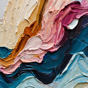 Close-up of thick cream, ochre, pink, plum, and deep teal folds crossing in uneven layers.