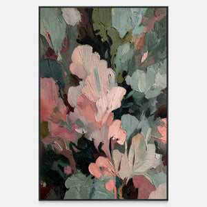 Vertical abstract painting with raised dusty pink and pale green strokes over dark layers.
