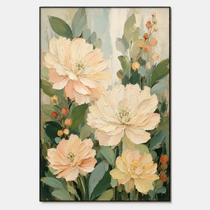 Hand-painted textured floral wall art with green, white, and pink & blush tones.