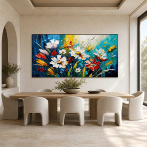 Panoramic textured floral wall art displayed in a bright modern dining room.