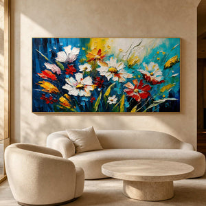 Colorful textured floral wall art displayed in a refined hotel lounge.