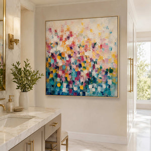 Fresh abstract canvas displayed in a bright bathroom.