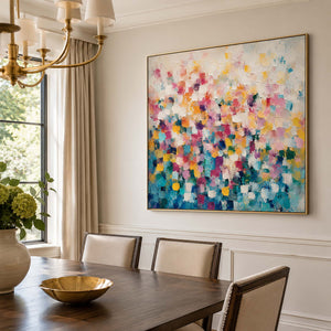 Colorful textured canvas in a refined dining room.