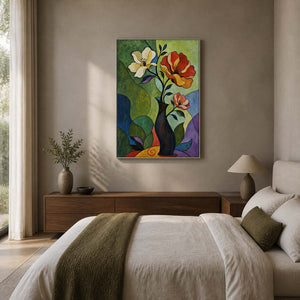 Colorful modern floral wall art displayed in a neutral primary bedroom.