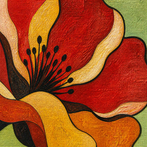 Close-up of red, ochre, cream, and green paint over visible canvas texture.