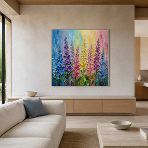 Colorful textured floral wall art displayed in a warm contemporary living room.