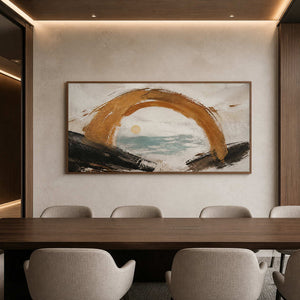 Textured panoramic wall art displayed in a high-end executive meeting room.