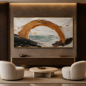 Textured gold coastal wall art displayed in a luxury hotel lounge.