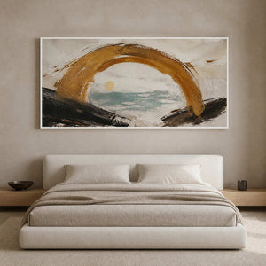 Panoramic coastal wall art displayed in a serene minimalist primary bedroom.