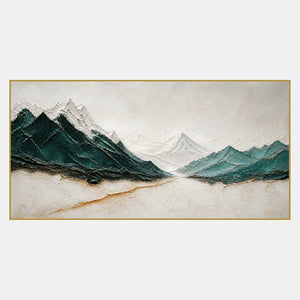 Hand-painted panoramic mountain wall art in emerald green, ivory, and gold.