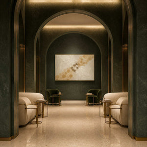 Golden circles crossing an ivory field wall art in a contemporary hospitality lounge.