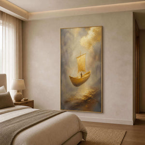 Misty gold sailboat artwork in a serene primary bedroom.