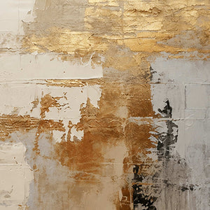 Close view of broken gold-toned marks over cream and gray layers with dark accents.