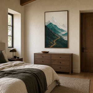 Textured mountain wall art displayed in a serene primary bedroom.