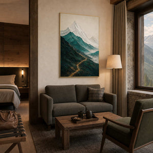 Textured mountain wall art displayed in a boutique mountain hotel suite.