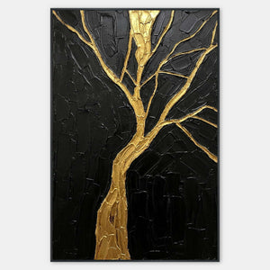 Vertical textured tree artwork with a gold trunk and branches on deep black.