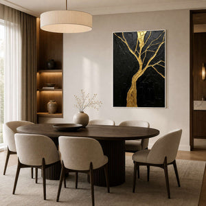 Textured black and gold tree painting displayed in a contemporary dining room.