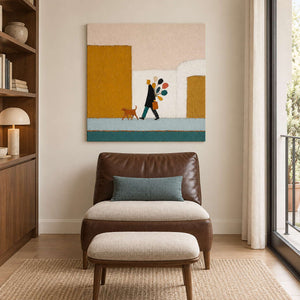 A figure walking a dog past mustard buildings with a colorful bouquet without an outer frame, displayed beside seating in a lounge.