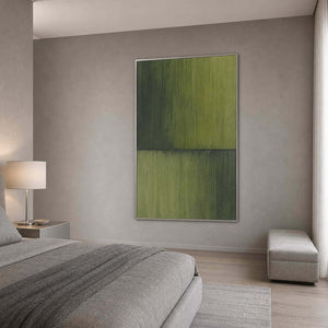 Soft green wabi-sabi artwork in a silver-gray primary bedroom.