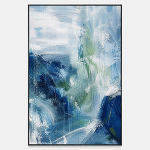 Hand-painted vertical abstract artwork in deep blue, misty white, and sage.