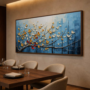 Sculptural butterfly wall art displayed in an elegant boutique dining room.
